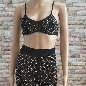 Multi Rhinestone Black Bralette & Pants Set